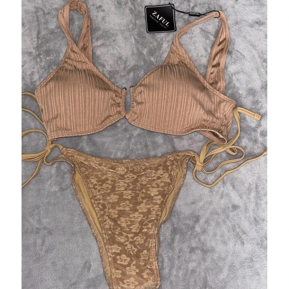 Zaful Swimsuit Bikini Set Women's Small Brown Ribbed Padded Side Tie Detailed